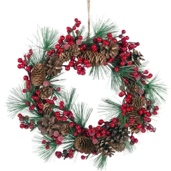 Door-/Table Wreath With Red Berries And Pine Cones
