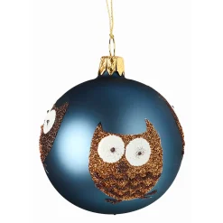 Glass Bauble Blue With Owls, 7Cm