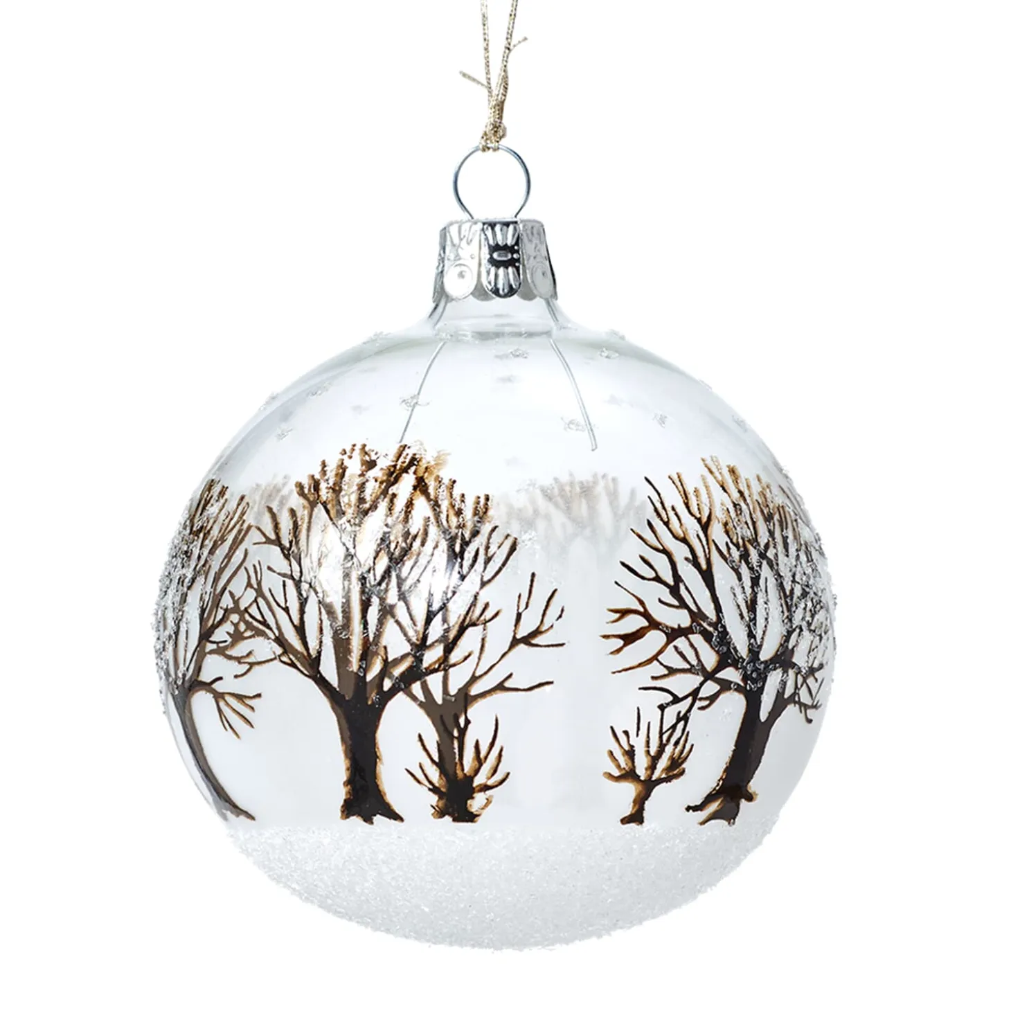 Glass Bauble Clear With Brown Trees, 8Cm