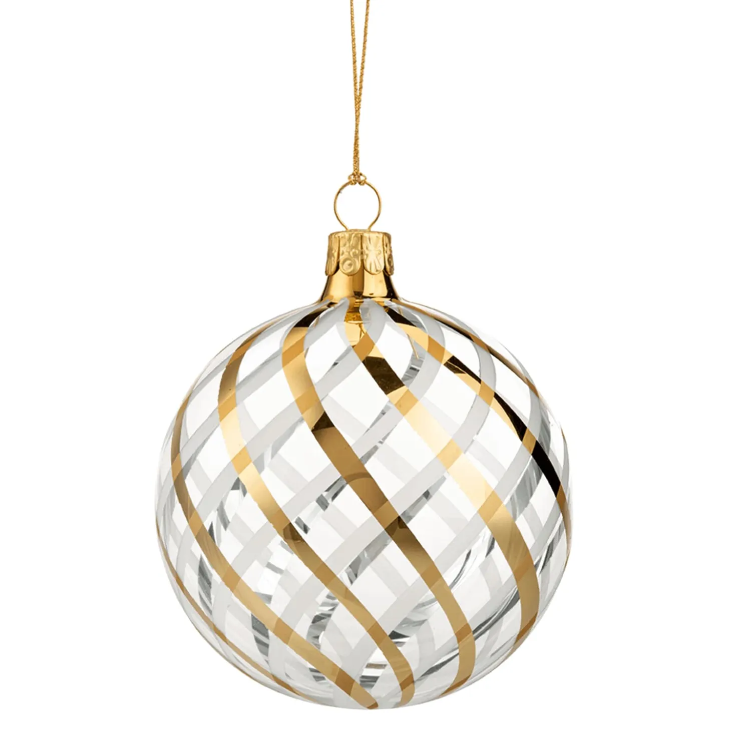 Glass Bauble Clear With Gold-White Net Pattern, 8 Cm