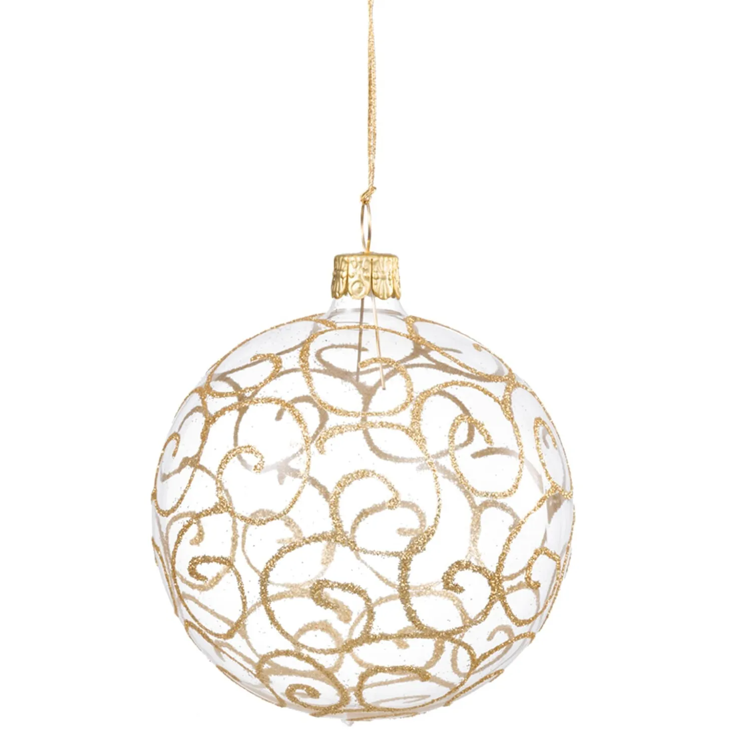 Glass Bauble Clear With Golden Squiggles, 6 Cm