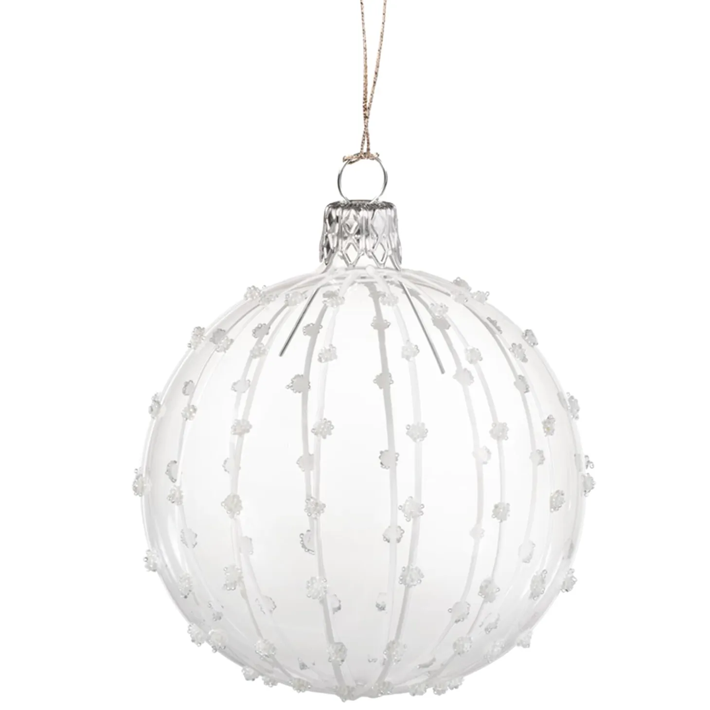 Glass Bauble Clear With White Glitter Decor, 7 Cm