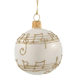 Glass Bauble Cream Colored With Musical Notes, 6 Cm
