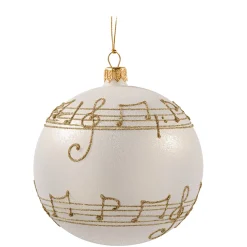 Glass Bauble Cream Colored With Musical Notes, 8 Cm