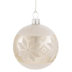 Glass Bauble Creme With White Pattern, 2.76 Inch