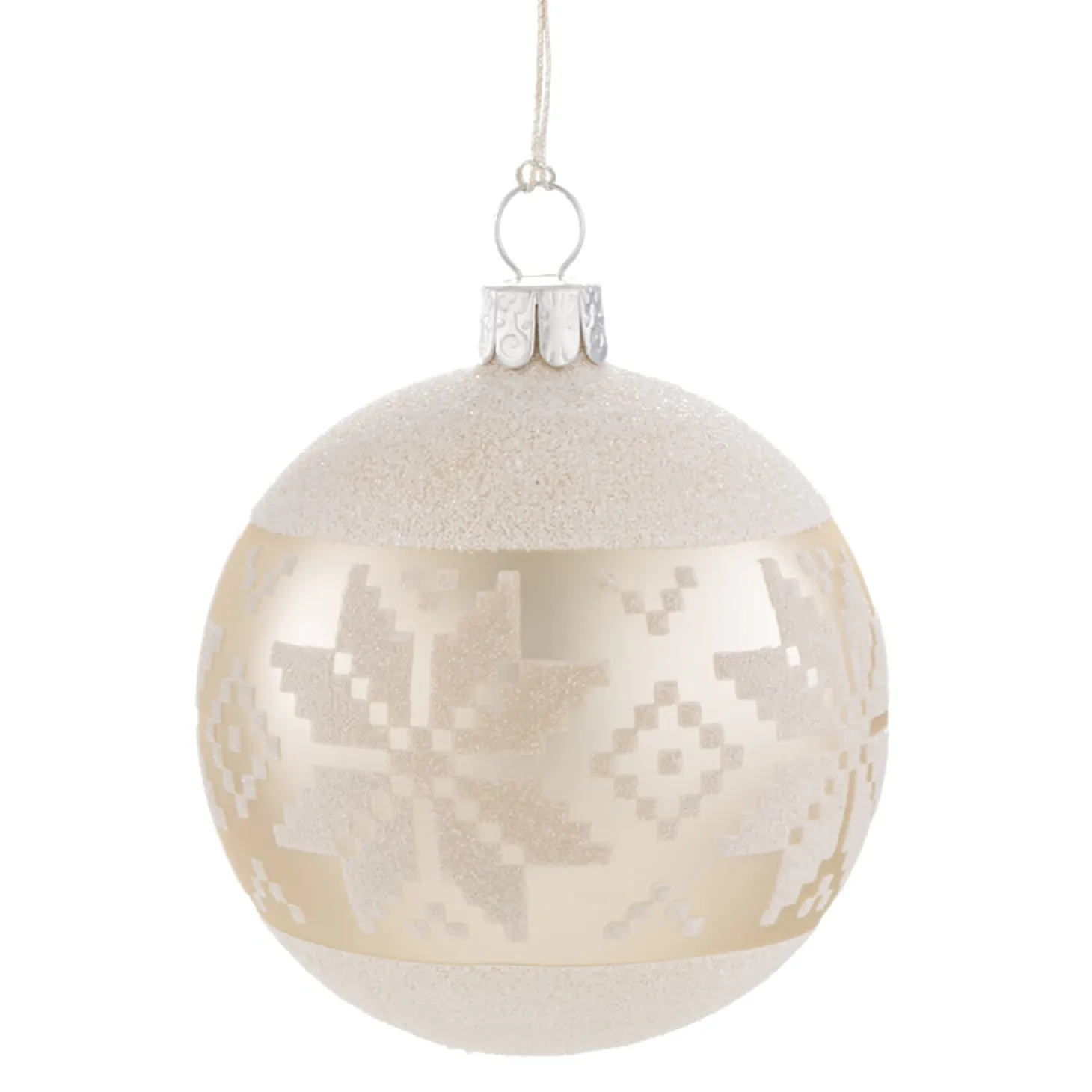 Glass Bauble Creme With White Pattern, 2.76 Inch