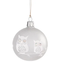 Glass Bauble Frosted Glass With White Owls, 7 Cm