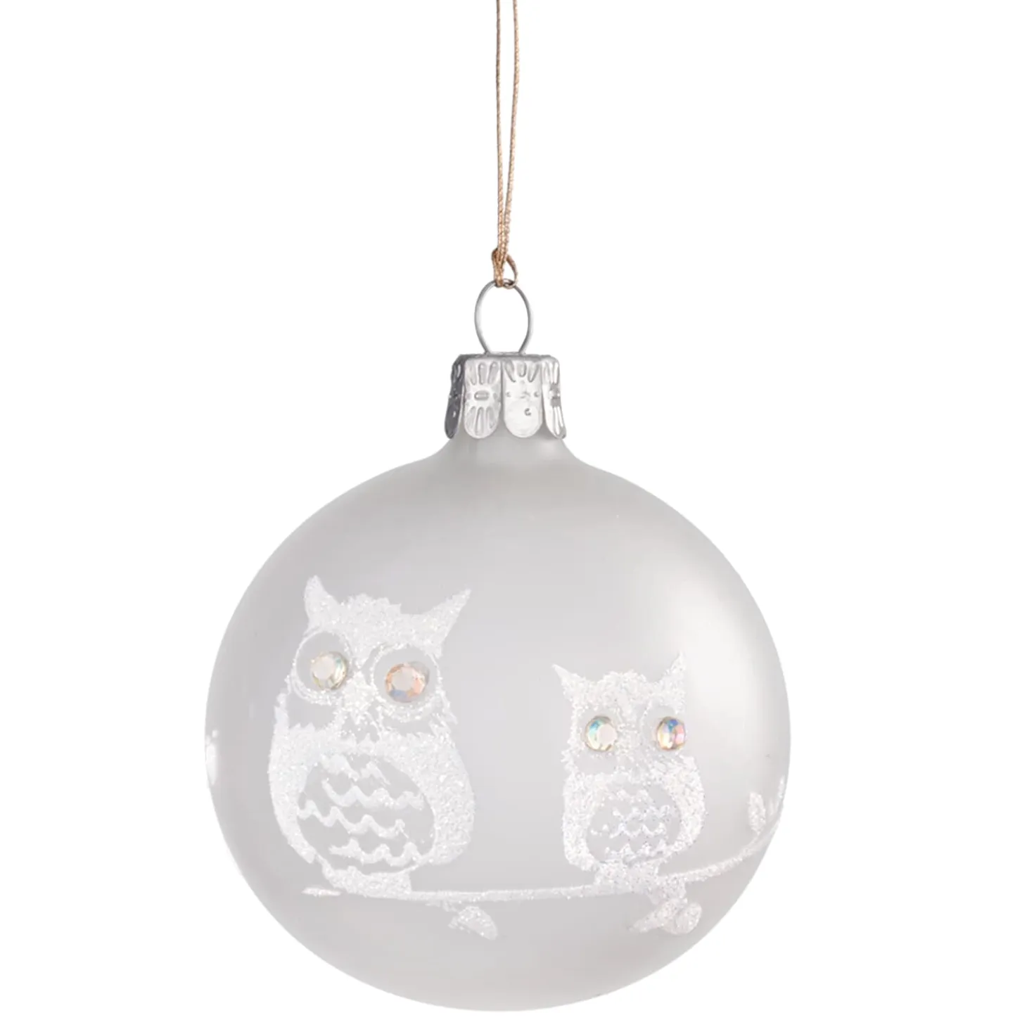 Glass Bauble Frosted Glass With White Owls, 7 Cm