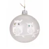 Glass Bauble Frosted White With Two White Owls, 8Cm