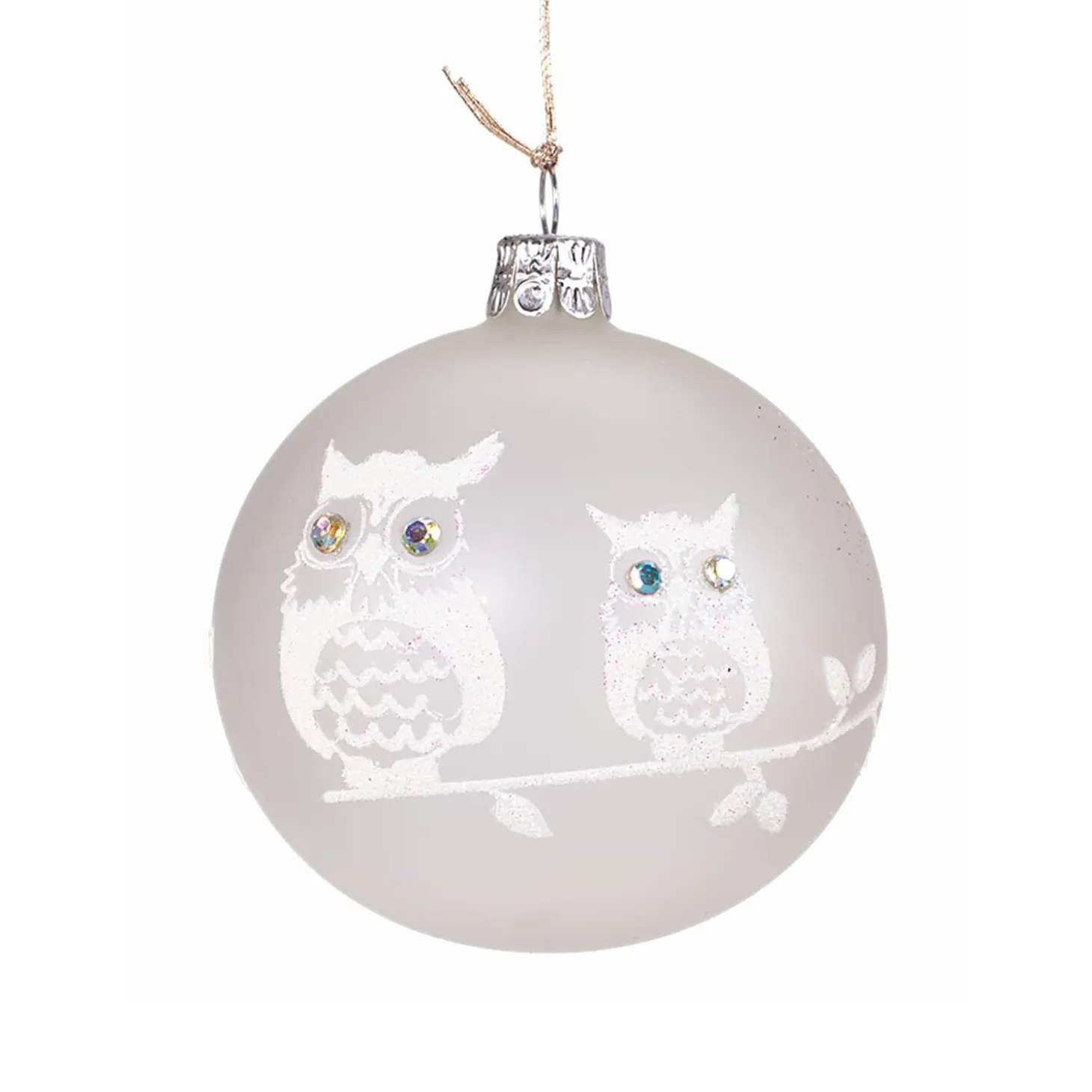 Glass Bauble Frosted White With Two White Owls, 8Cm