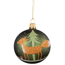 Glass Bauble Green With Fox, 7 Cm
