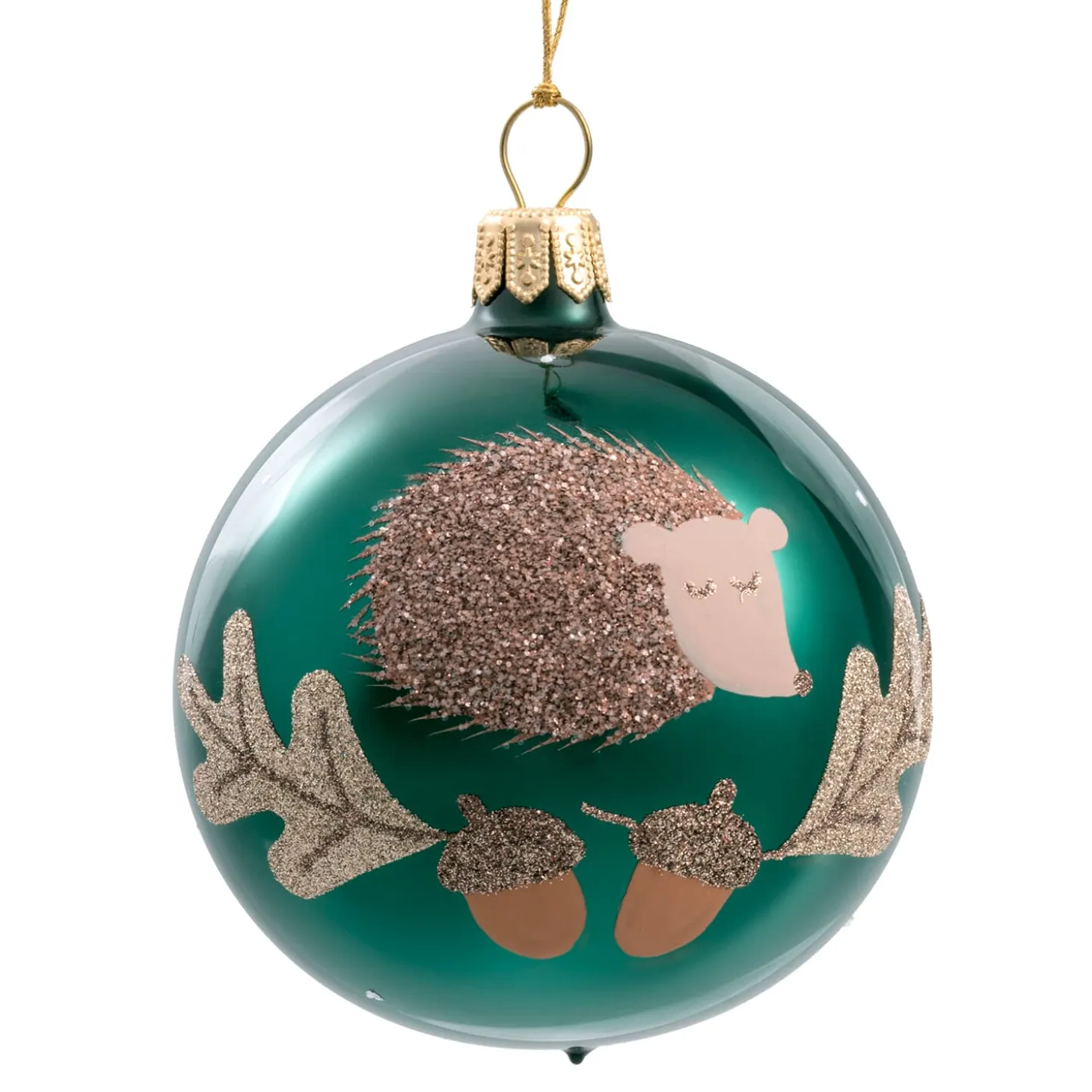 Glass Bauble Green With Hedgehog , 7 Cm
