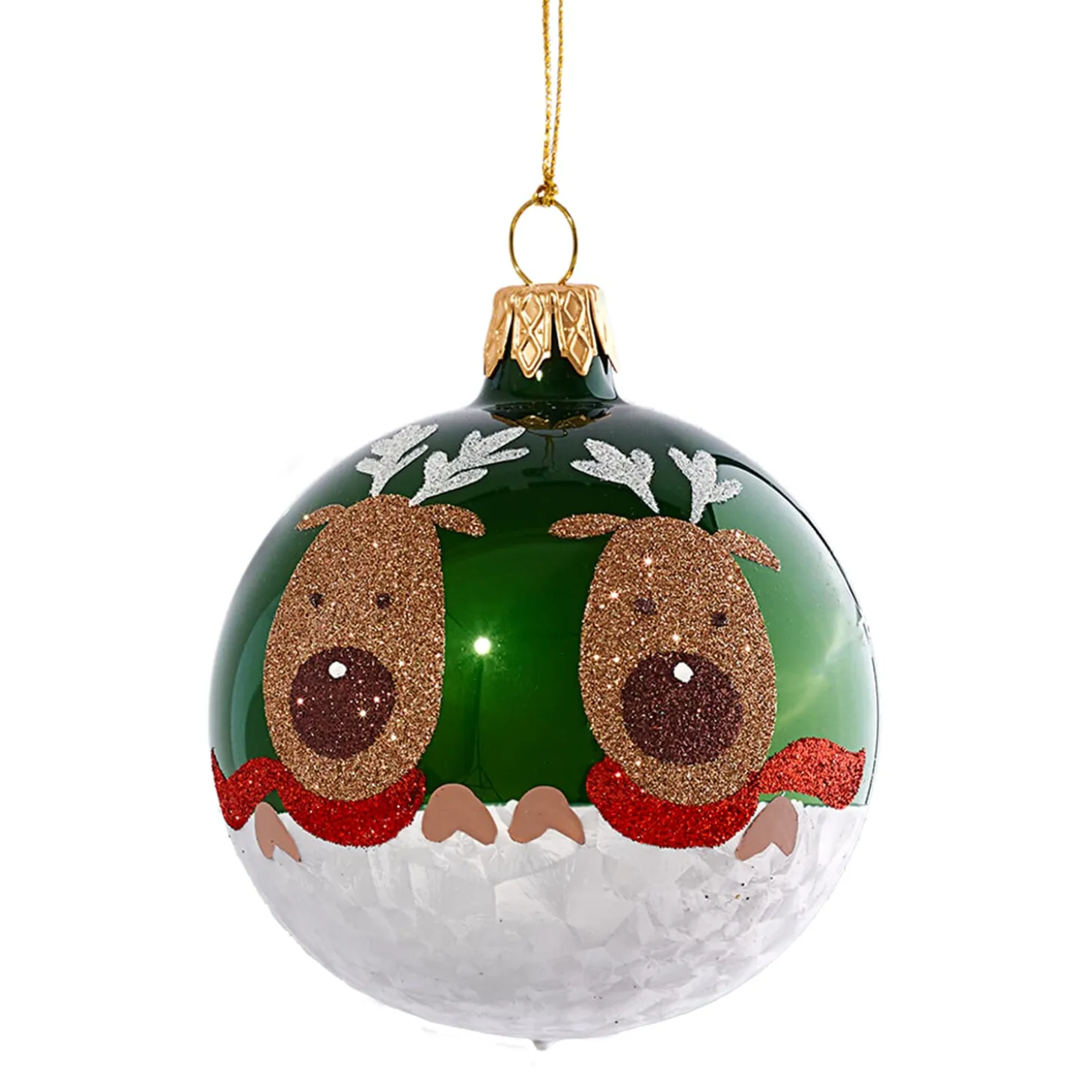 Glass Bauble Green With Reindeers, 7 Cm