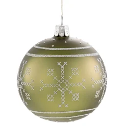 Glass Bauble Green With White Pattern, 8 Cm
