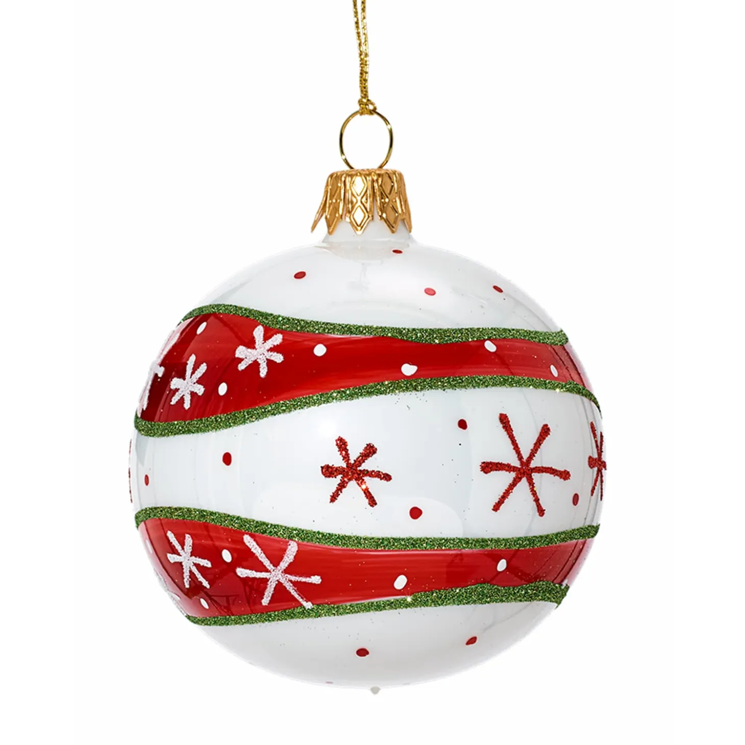 Glass Bauble Opal White/Red With Green Glimmer, 7Cm