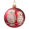 Glass Bauble Red Matt With Owls, 7 Cm