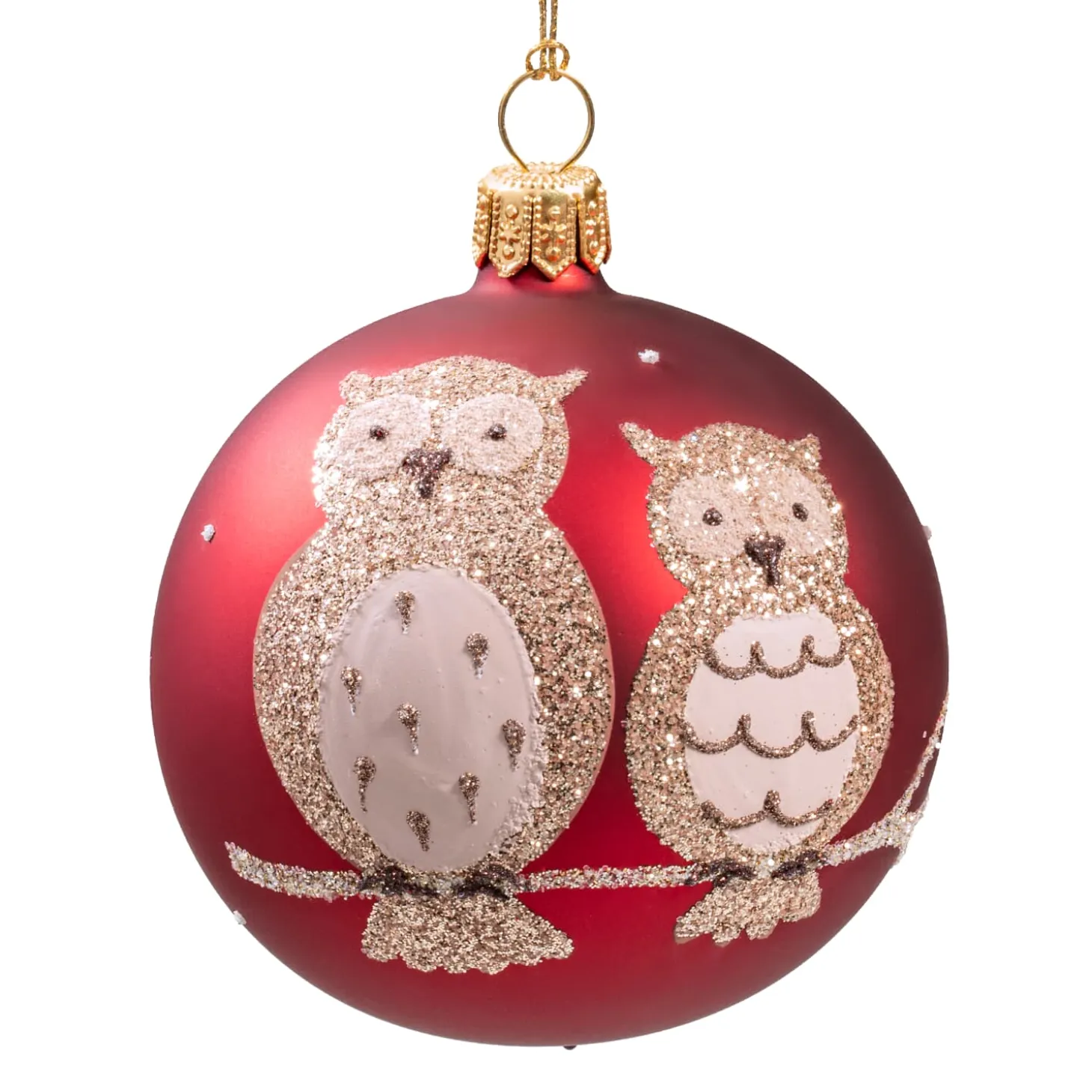 Glass Bauble Red Matt With Owls, 7 Cm