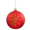 Glass Bauble Red With Green Snowflake, 7 Cm