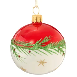 Glass Bauble Red-White With Twig And Stars, 6 Cm