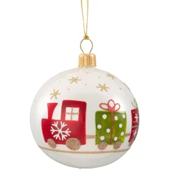 Glass Bauble White Opal With Locomotive, 7 Cm