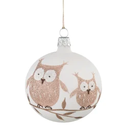 Glass Bauble White With Brown Owls, 7 Cm