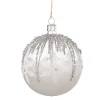 Glass Bauble White With Silver Decor, 8 Cm