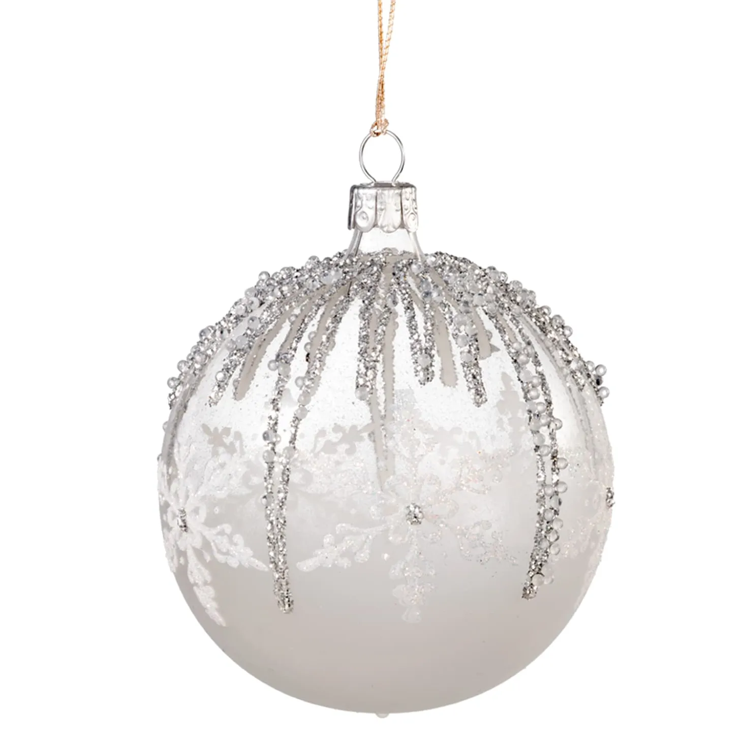 Glass Bauble White With Silver Decor, 8 Cm