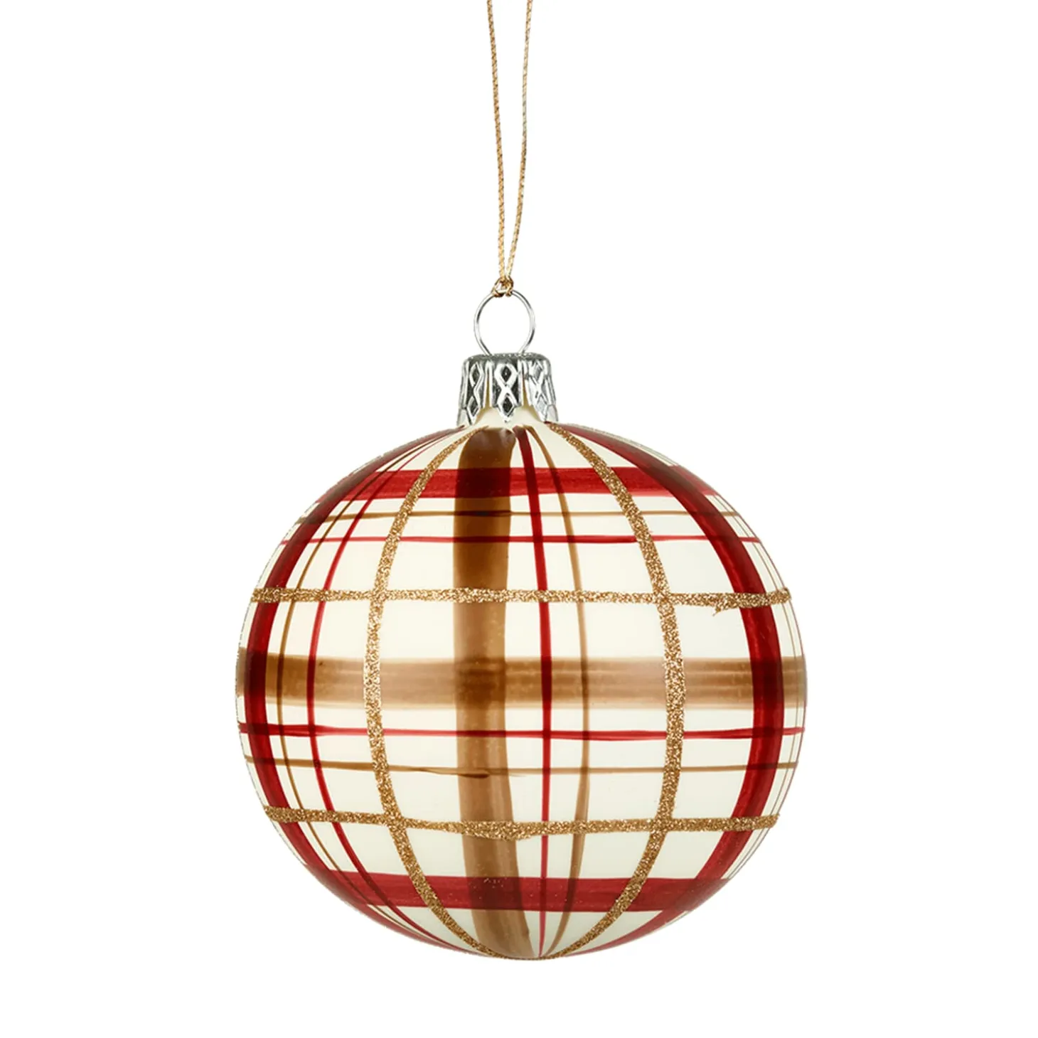 Glass Bauble With Check Pattern White Matt, 8Cm