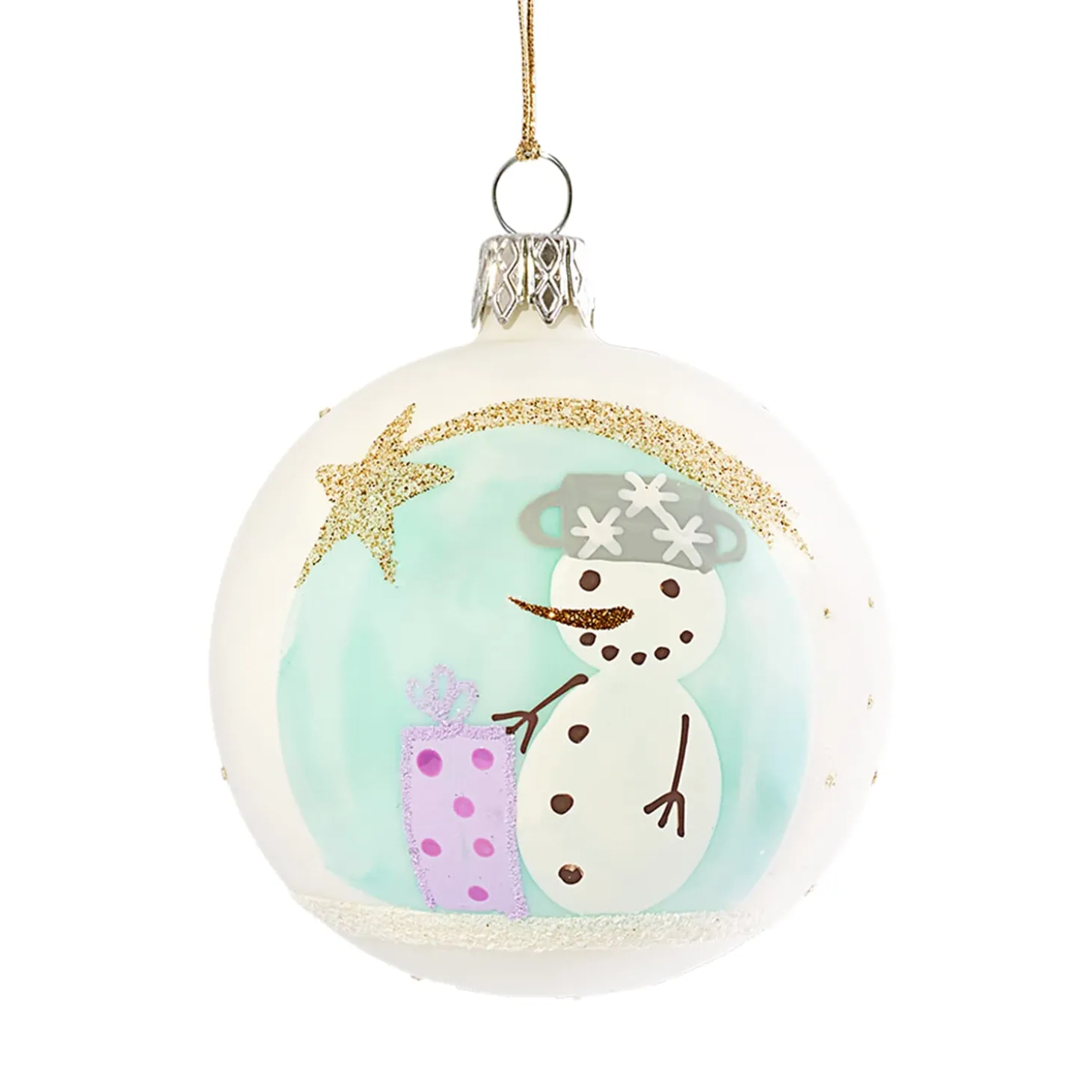 Glass Bauble With Snowman And Shooting Star, 7Cm
