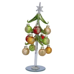 Green Glass Tree With Colourful Baubles, 23Cm